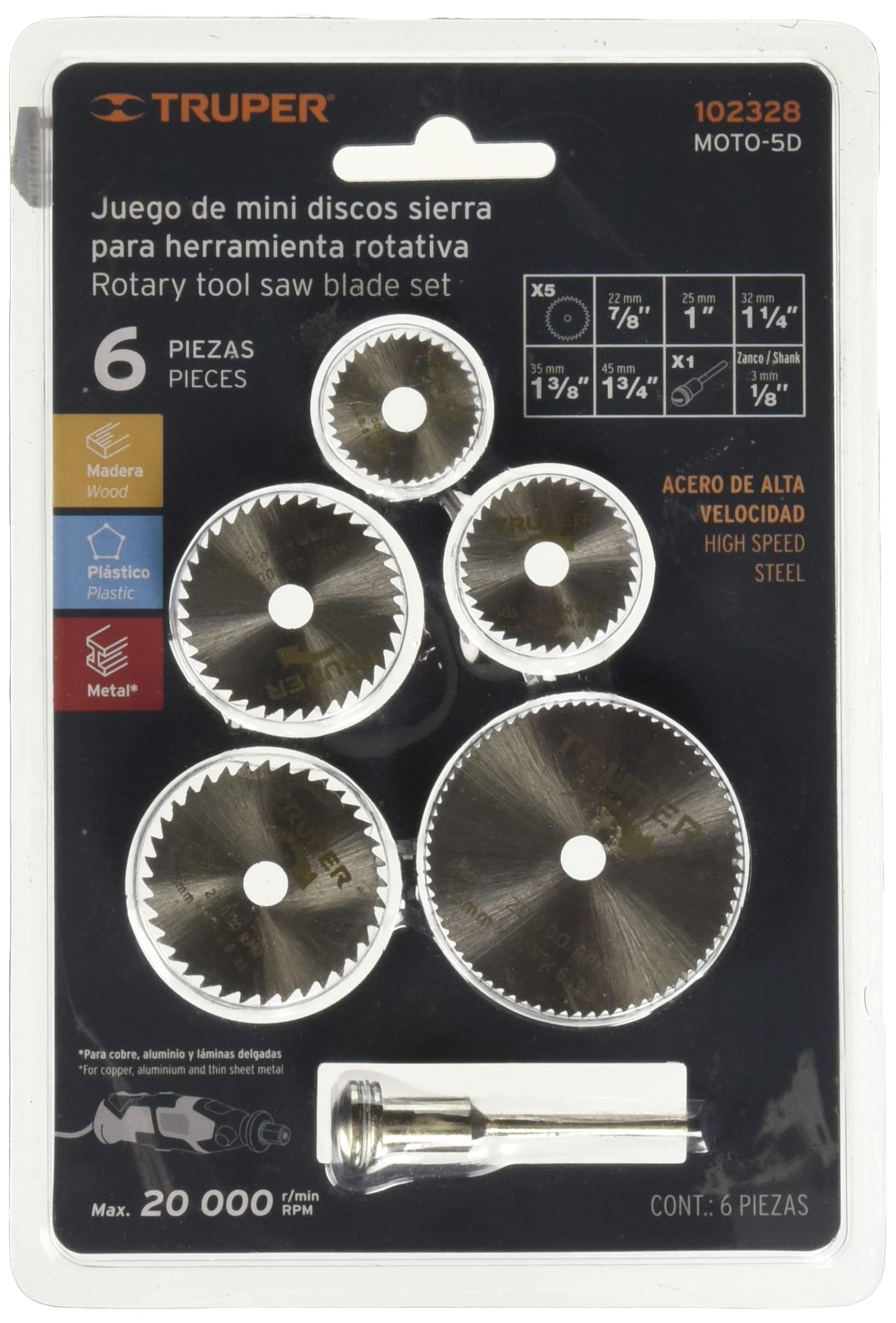 Truper MOTO-5D, Juego de 5 mini discos sierras para mototool