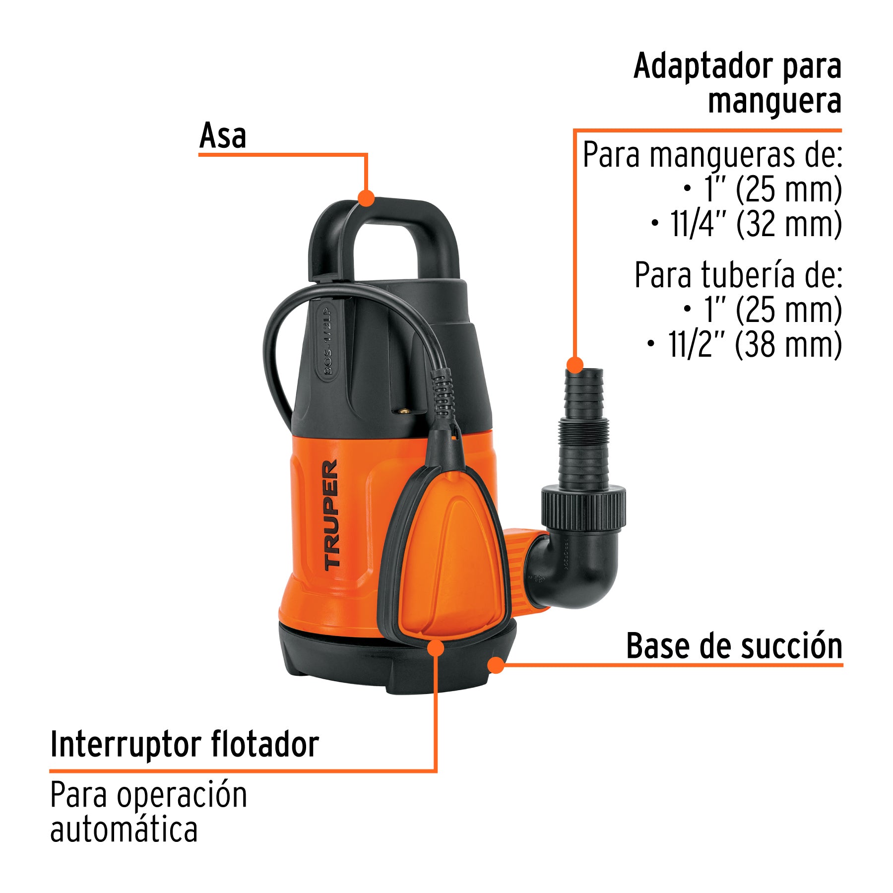 Truper BOS-1/2LP, Bomba sumergible plástica para agua limpia 1/2 HP - Carzamo.com