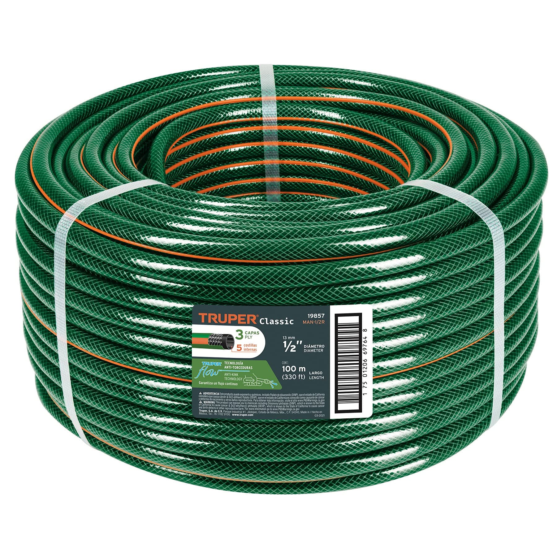 Truper MAN-1/2R, Manguera reforzada 3 capas, rollo de 100 m, 1/2″