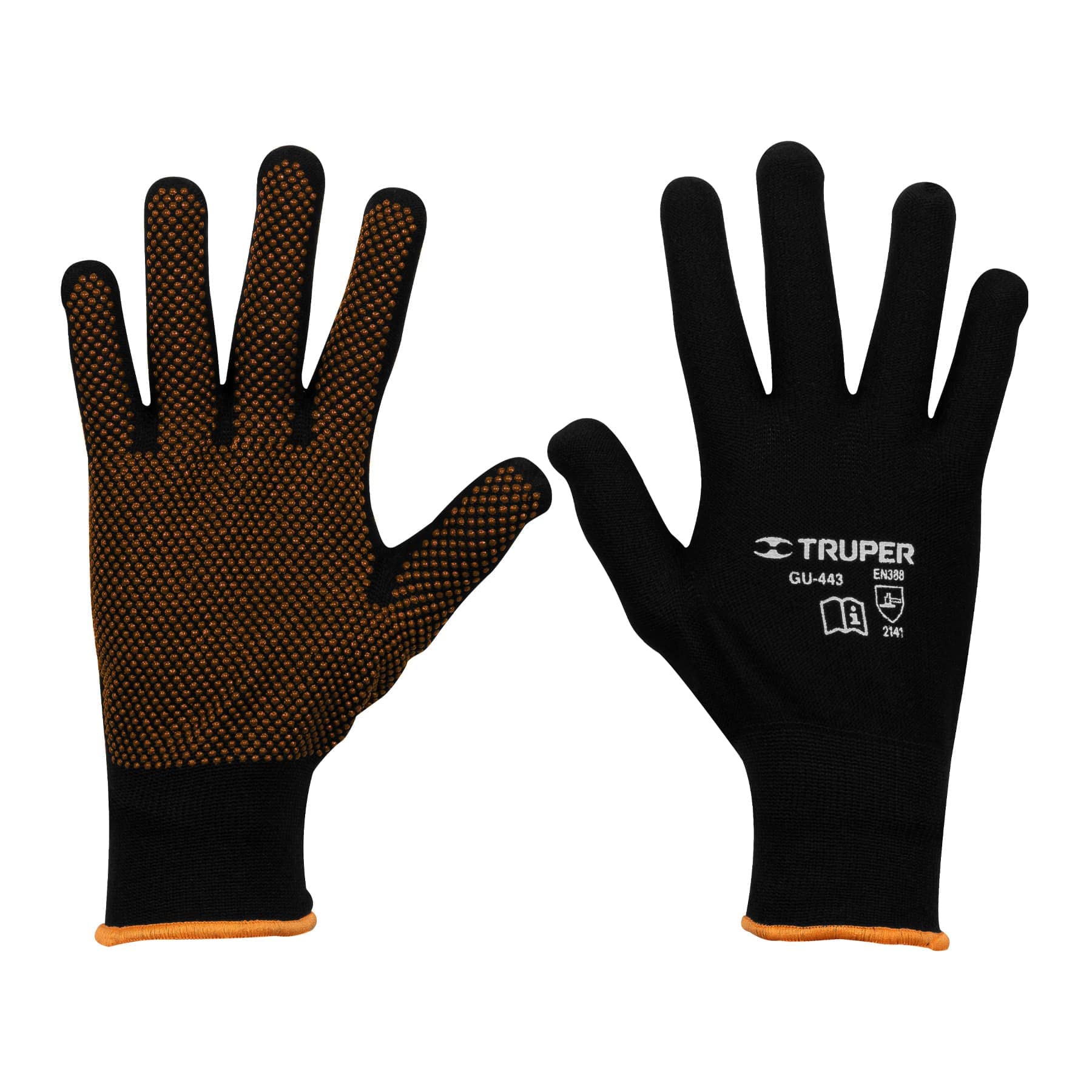 Truper GU-443, Guantes de poliéster con puntos de PVC en palma, puño tejido, G