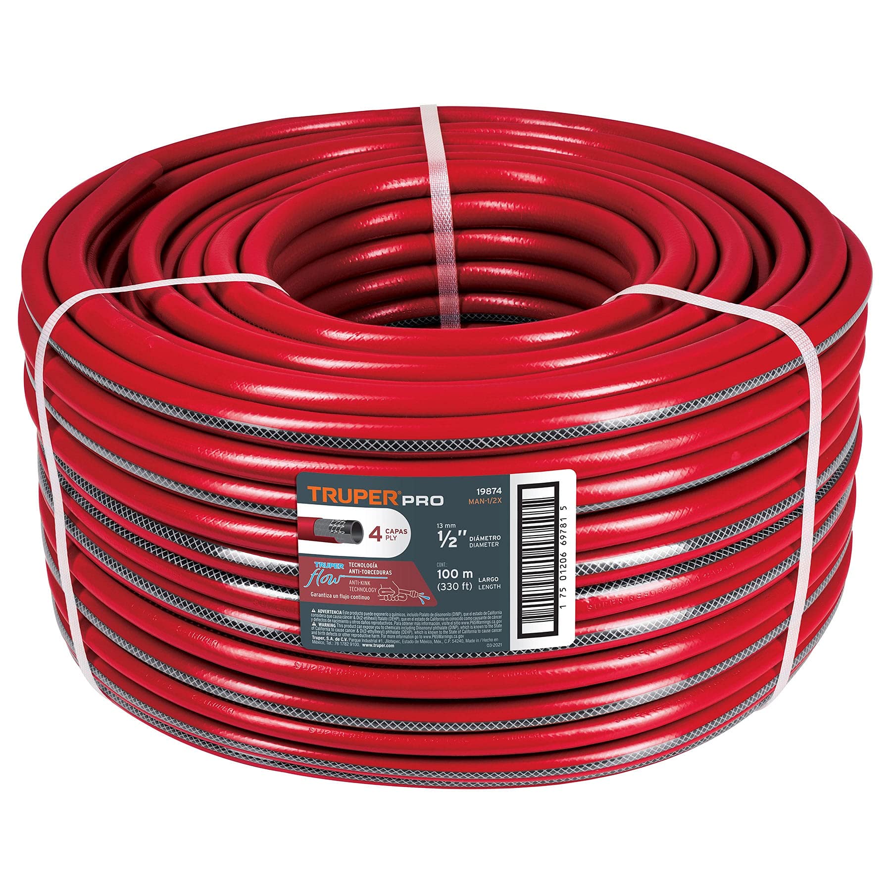 Truper MAN-1/2X, Manguera super reforzadas 4 capas, rollo de 100 m, 1/2″