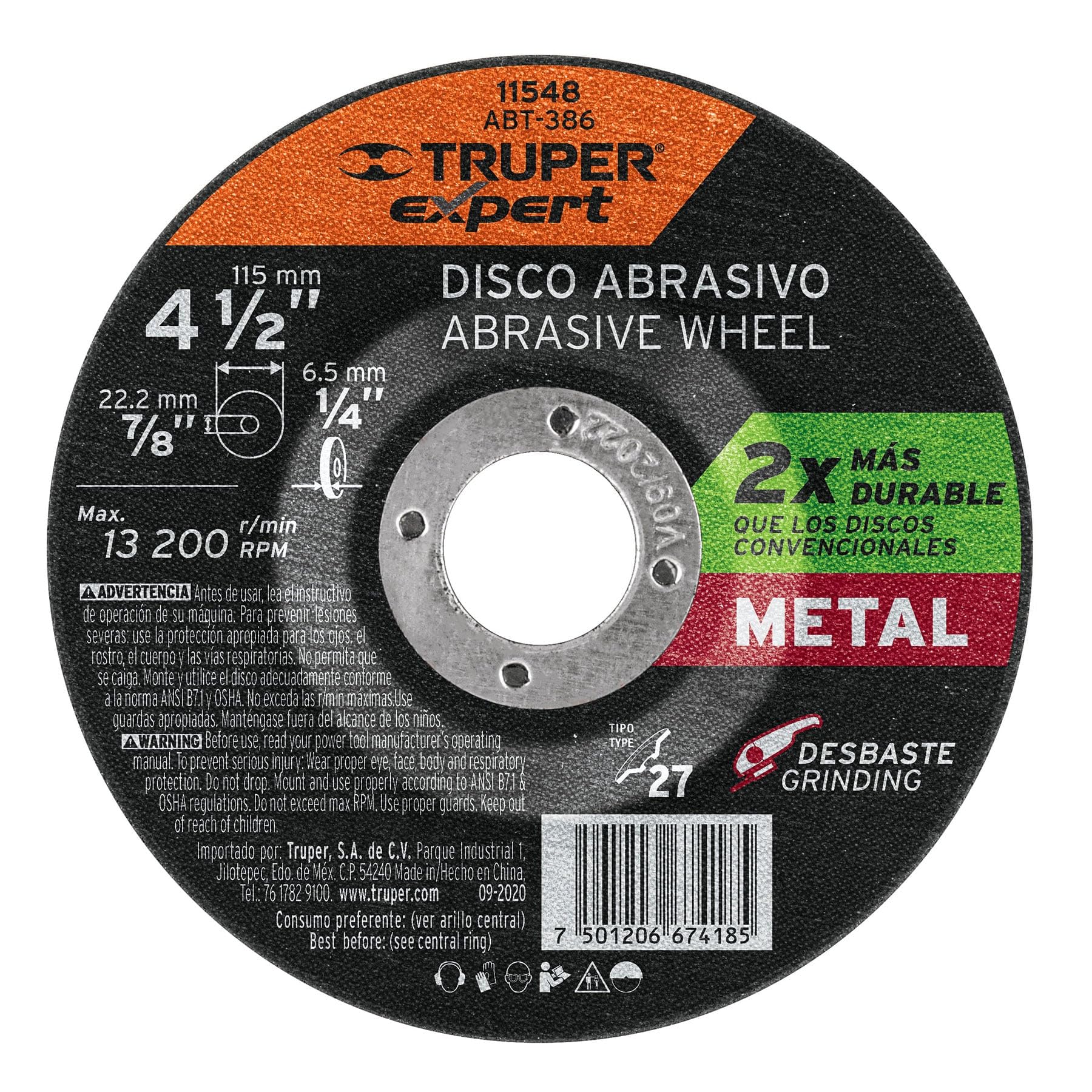 Truper ABT-386, Disco desbaste metal, alto rendimiento, tipo 27, diámetro 4-1/2″, 1 pieza