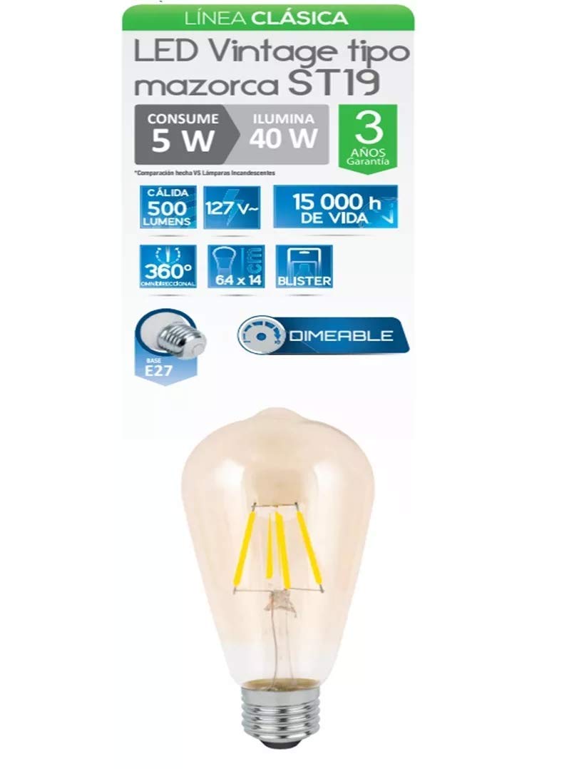 Aksi 122101 Foco Vintage, Diamable Filamento, tipo Mazorca, Luz Cálida, 5W, pack of/paquete de 1 - Carzamo.com