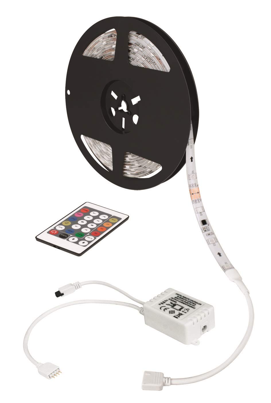 TIRA LED AKSI SMD 3528 MULTICOLOR RGB. Potencia 12W, 5 mts, 60 LED/mt, Para exteriores e interiores IPX6. Incluye Control Remoto y transformador