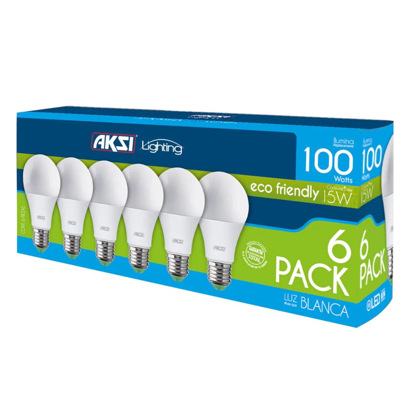 Pack 6 Focos LED AKSI ECO 15W Luz Blanca 6500K A19 E27 Equivalente 100W - Carzamo.com