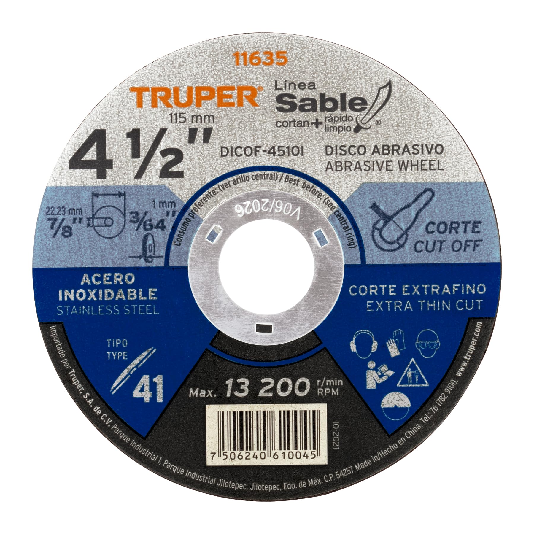 Truper DICOF-4510I, Disco Tipo 41 de 4-1/2″ x 1 mm corte fino acero inoxidable, Sable