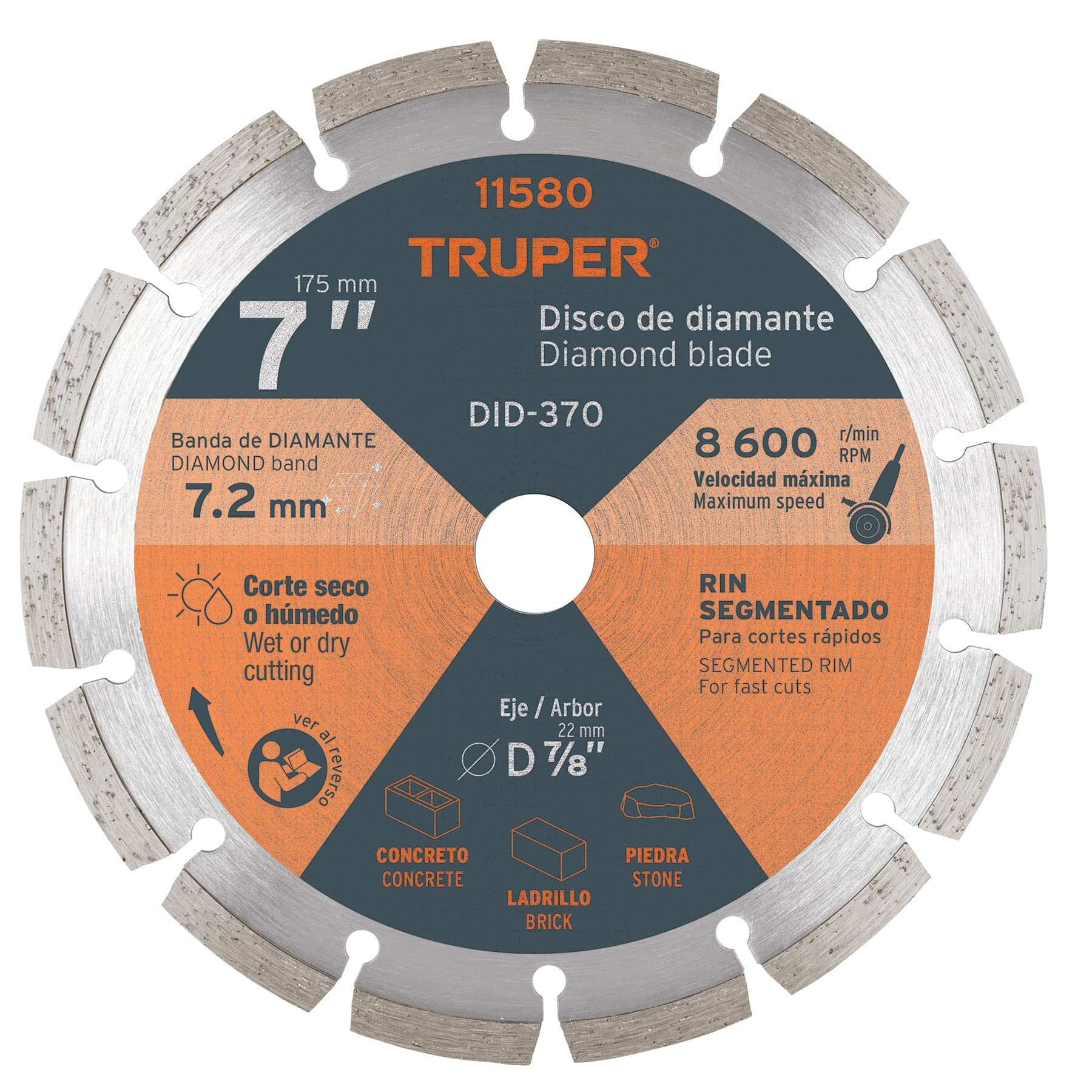 Truper DID-370, Disco de diamante de 7″ x 2.5 mm, rin segmentado