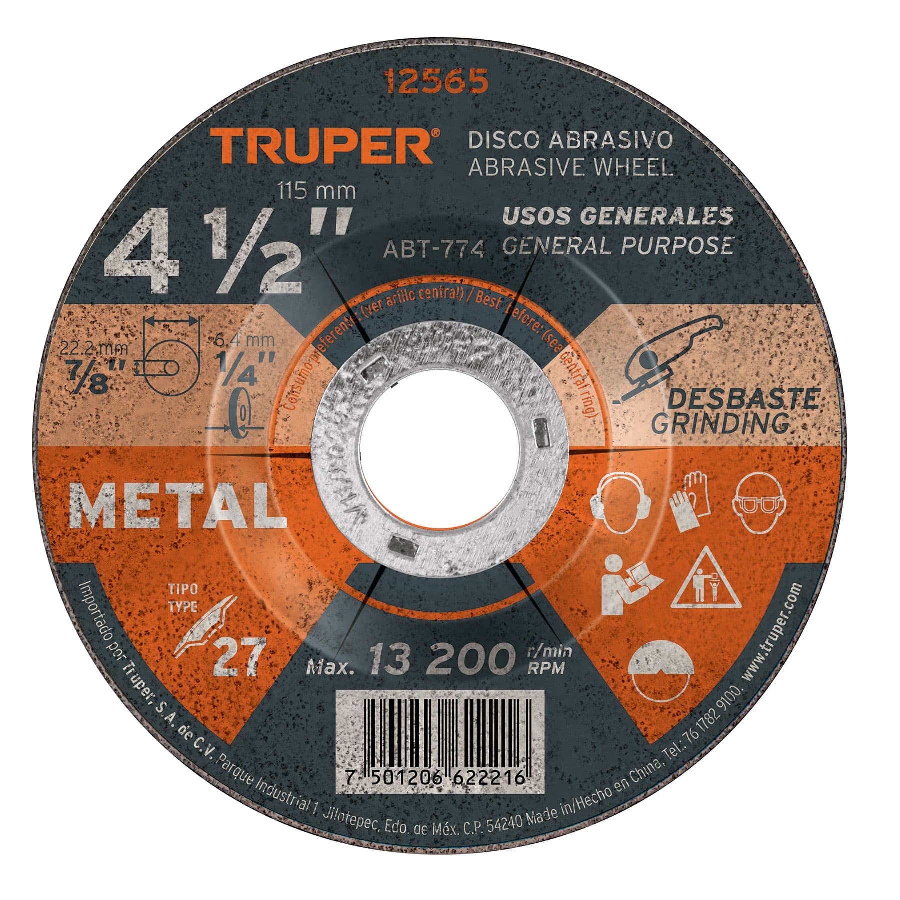 Truper ABT-774, Disco para desbaste de metal, tipo 27, diámetro 4-1/2″, 1 pieza