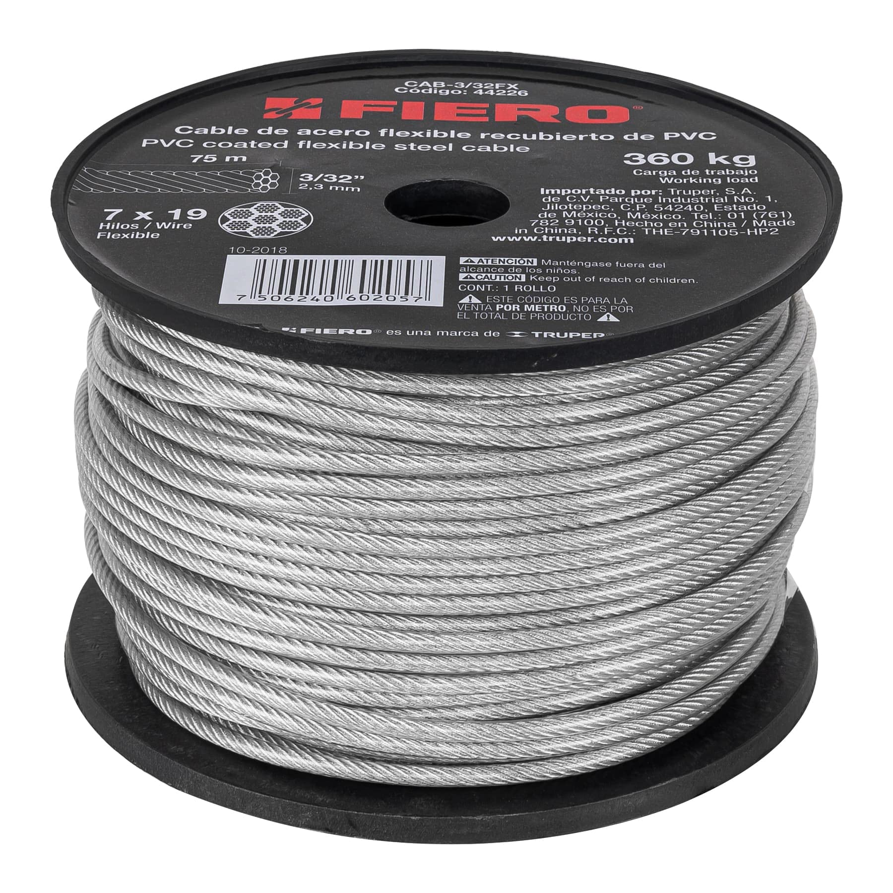Fiero CAB-3/32FX, Metro cable flexible 3/32″ acero 7 x19 recubierto PVC