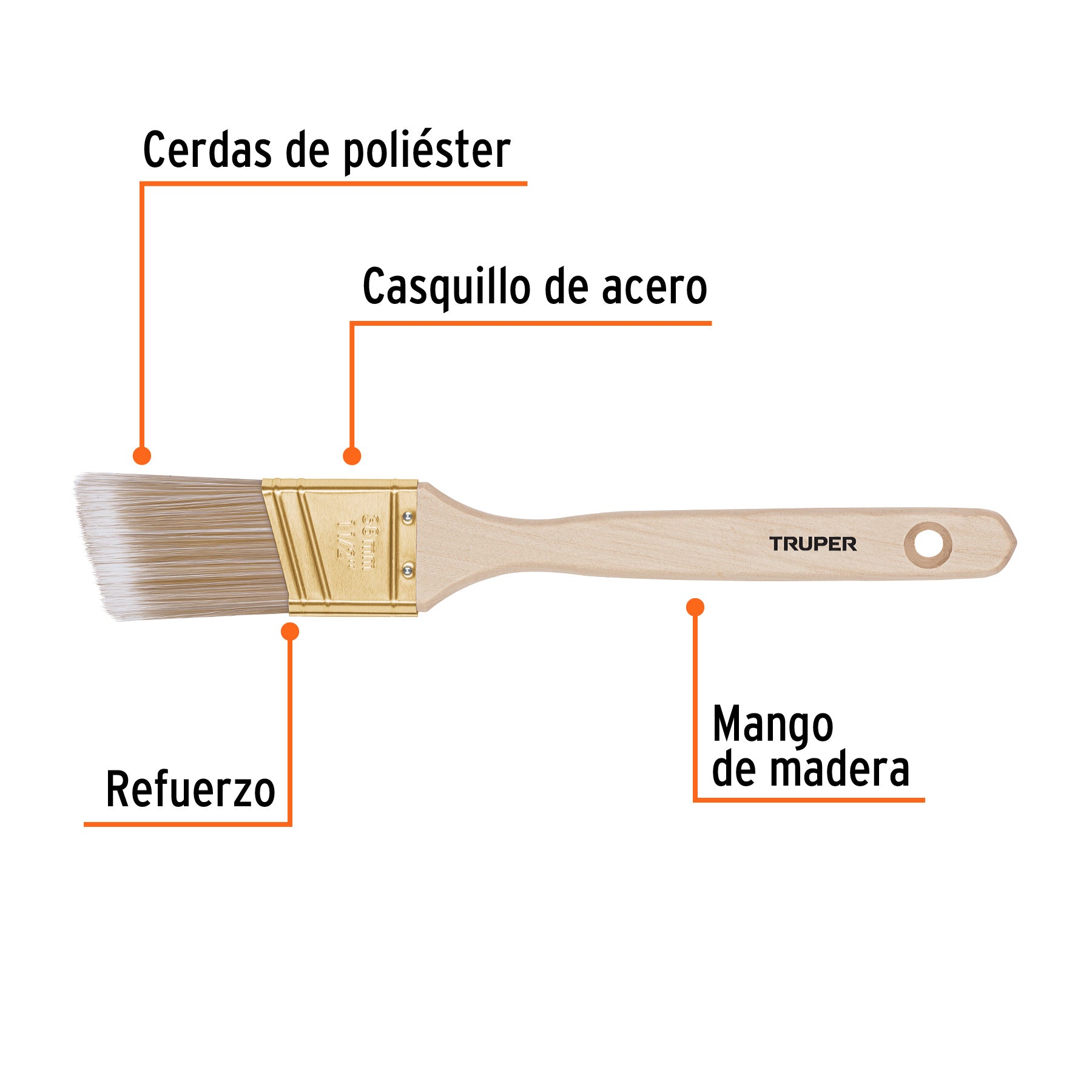 Brocha cerdas sintéticas, mango madera,corte angular, 1-1/2' Truper - Carzamo.com