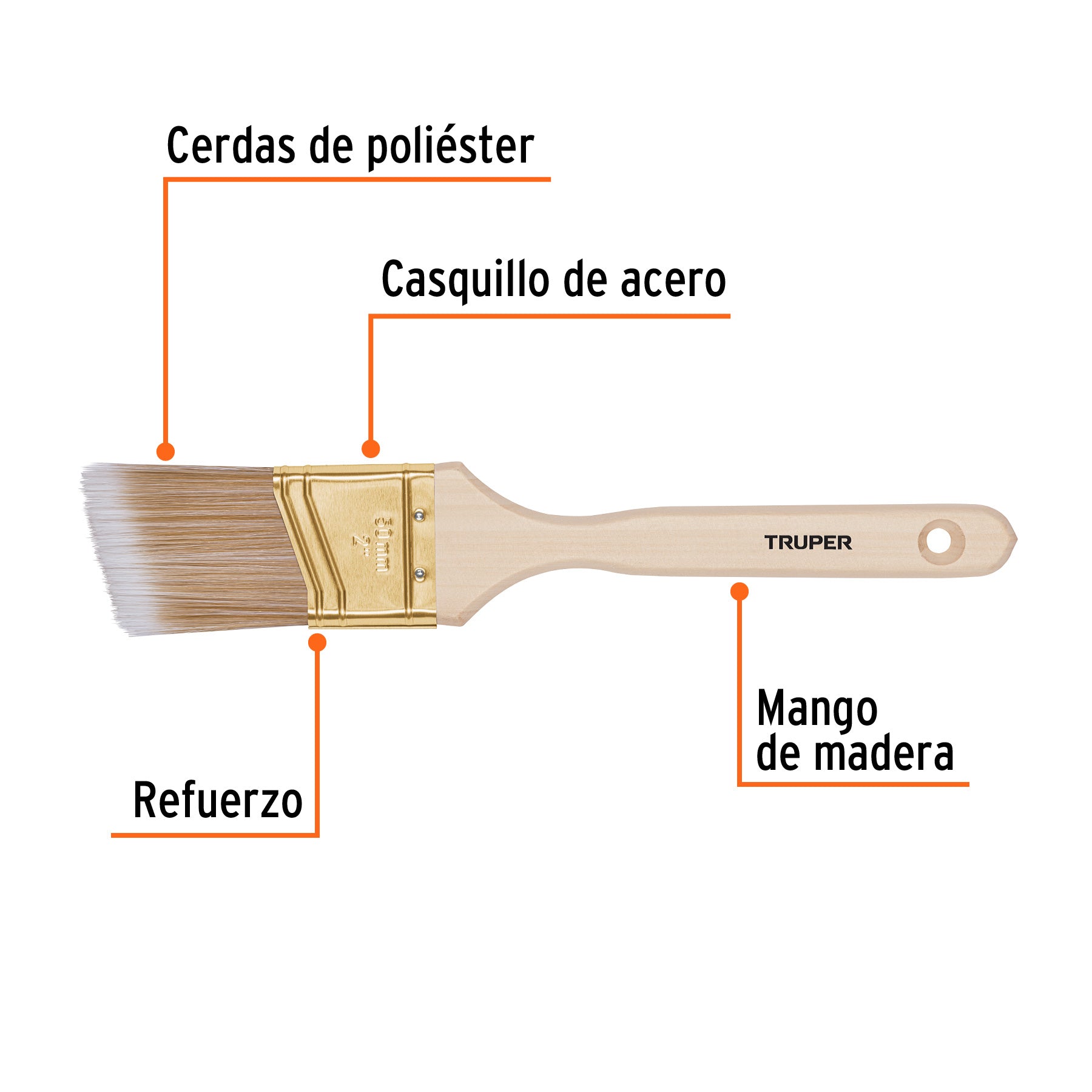 Brocha cerdas sintéticas, mango madera,corte angular, 2' Truper - Carzamo.com