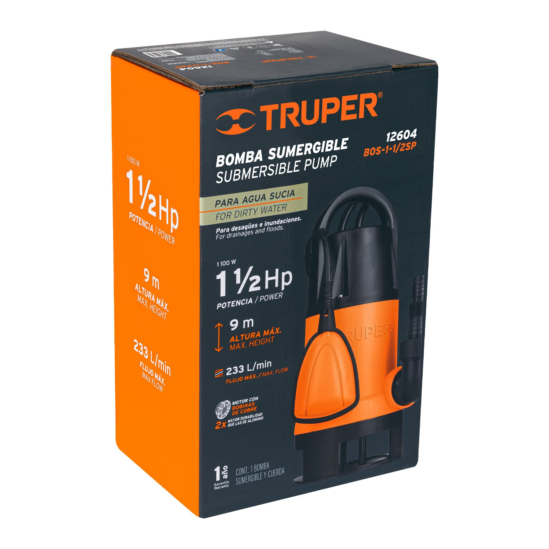 Truper BOS-1-1/2SP, Bomba sumergible plástica para agua sucia 1-1/2 HP - Carzamo.com