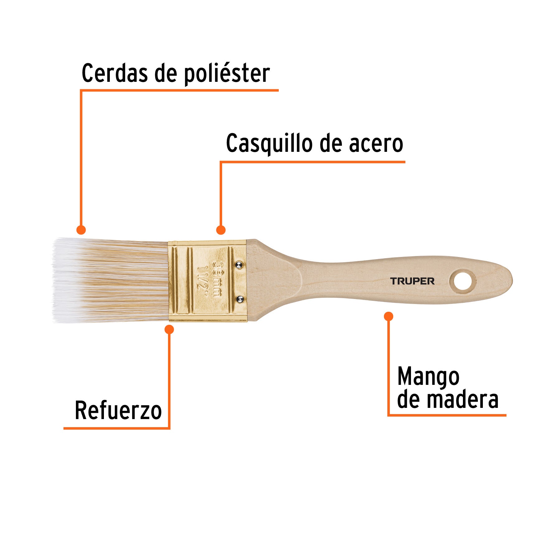 Brocha cerdas sintéticas,mango de madera, corte recto, 1-1/2 Truper 13343 - Carzamo.com