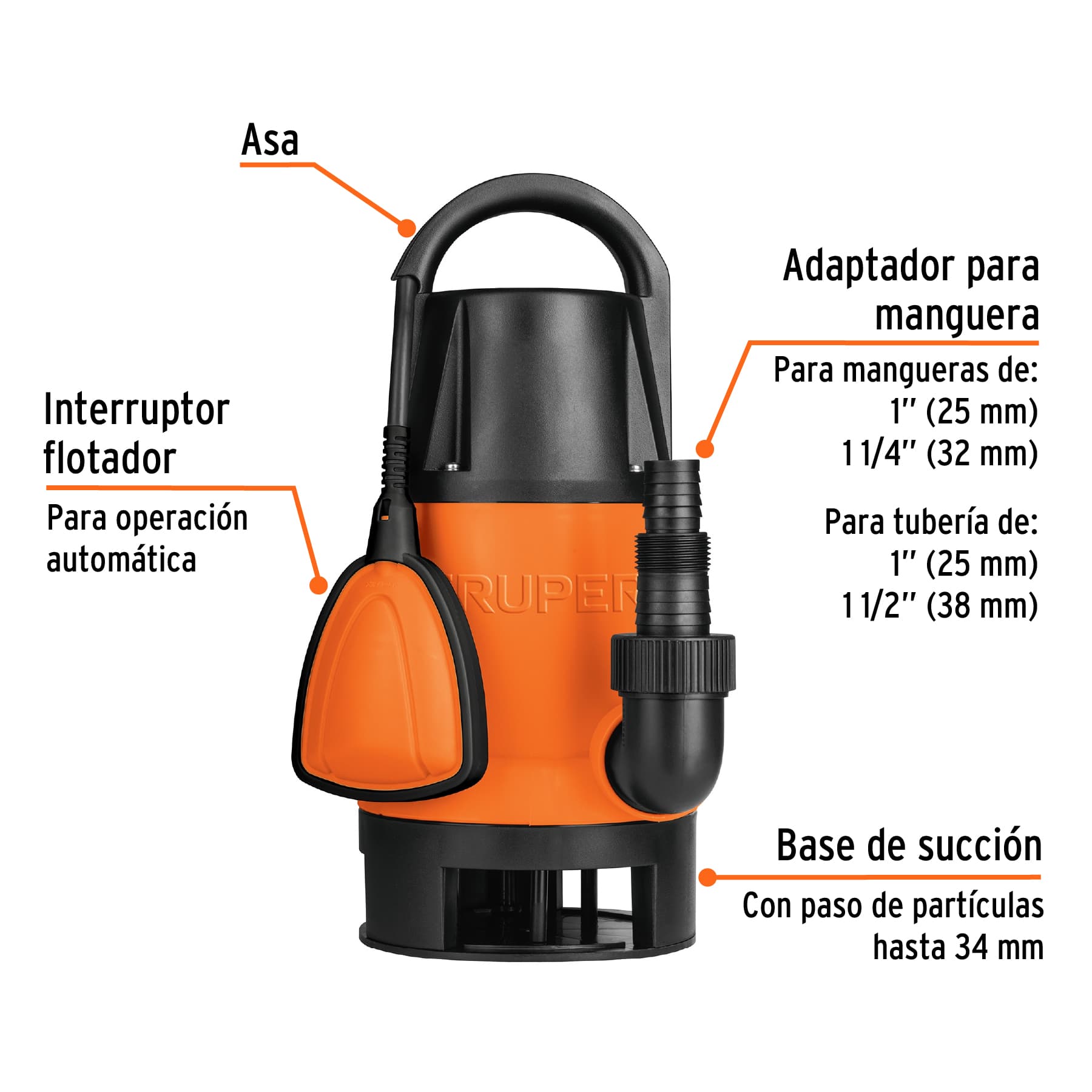 Truper BOS-1-1/2SP, Bomba sumergible plástica para agua sucia 1-1/2 HP - Carzamo.com